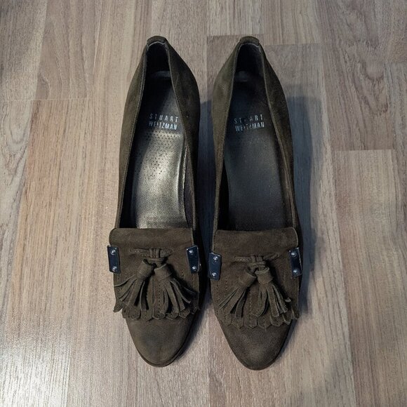 Stuart Weitzman Suede Tassel Heels | Olive Green | Loafer Style - Picture 2 of 11